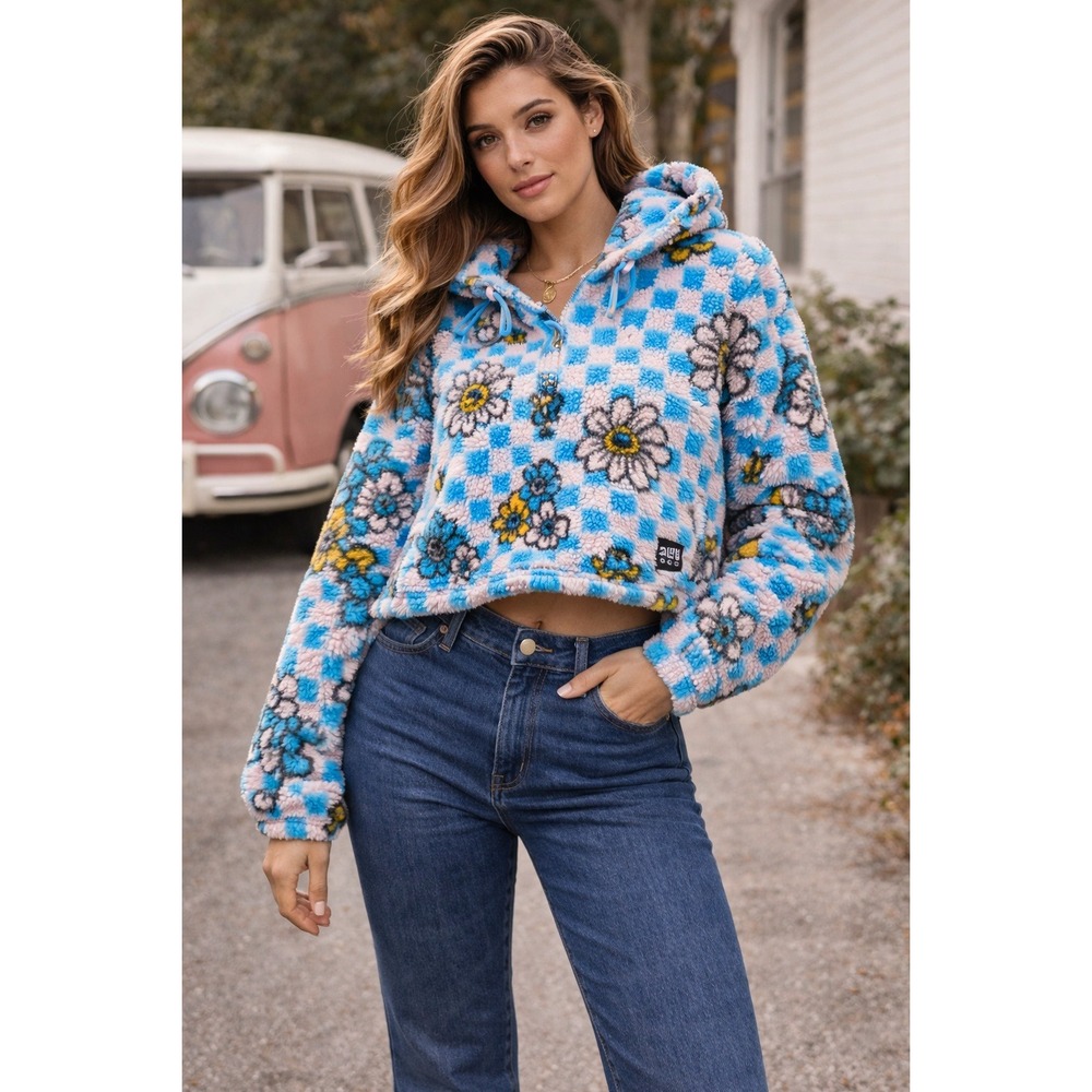 ALAB Hoodie Womens L Blue Pink‎ Floral Checkered Sherpa Oversized Cozy Cropped